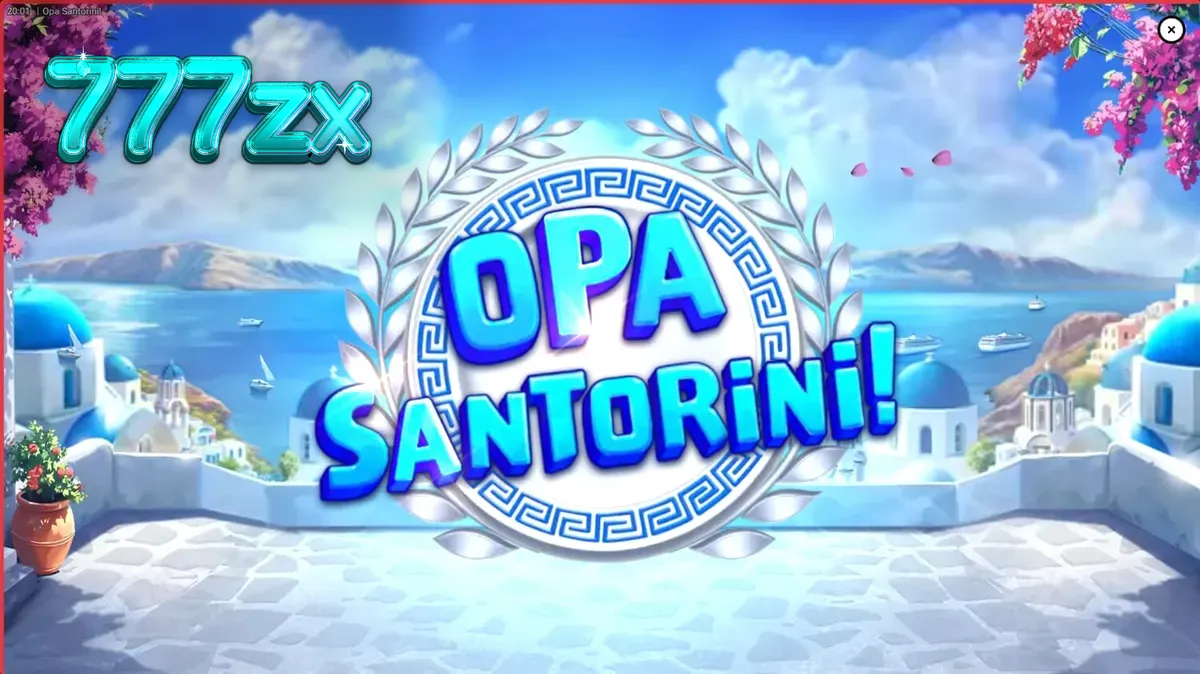 Pemandangan indah pulau Santorini dengan elemen permainan slot Opa Santorini!